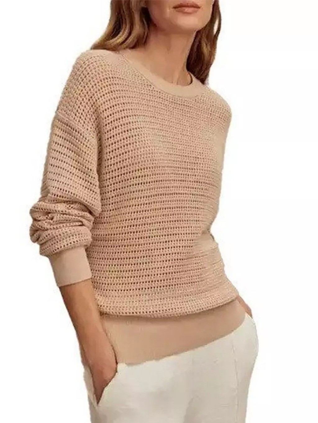 Varley Kershaw Open-Knit Crewneck Sweater In Light Beige Small